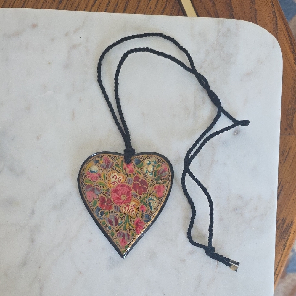 Handcrafted, hand-painted floral paper mache heart Pendant Necklace